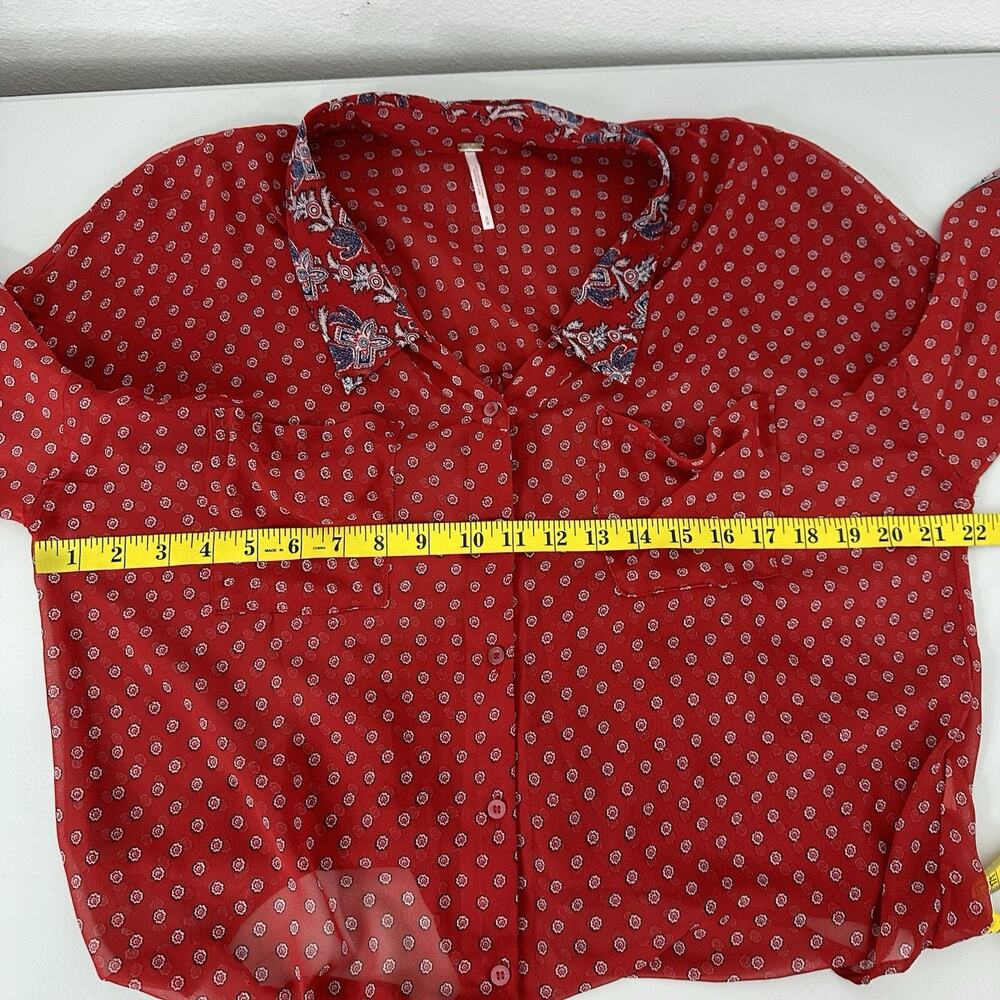 Free People Shirt Womens Medium Red Flowy Chiffon Floral Whimsical Blouse Hi Low - Picture 6 of 9